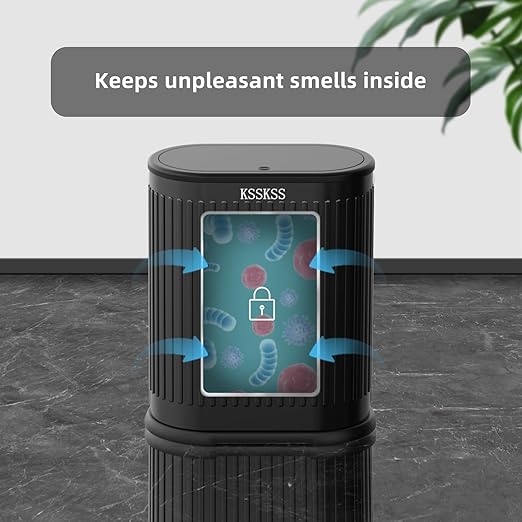KSSKSS 1.8 Gallons Small Stainless Steel Trash Can with Press Type Lid, Slim Bathroom Garbage Bin, Removable Liner Bucket, Dog Proof Narrow Wastebasket with Pop-Up Lid for Bedroom,Toilet (Matt Black)