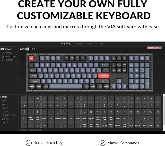 Keychron V6 Wired Custom Mechanical Keyboard, Full-Size QMK/VIA Programmable Macro with Hot-swappable Keychron K Pro Red Switch Compatible with Mac Windows Linux (Frosted Black-Translucent)