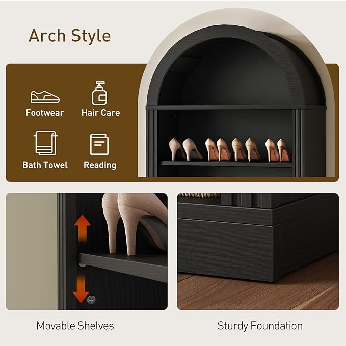 RALGEND Arched Bookshelf Set of 2, 73" Tall Arch Bookcase with Drawer, 6-Tier Farmhouse Book Shelf, Wooden Bookshelf with Open Display Shelves for Living Room, Office, Adjustable Shelves, Black