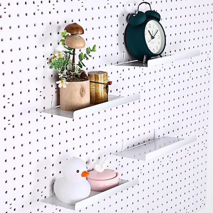 Beeveer 4 Pcs Pegboard Shelves Wall Organizer Brackets Pegboard Steel Tray Accessories Organizing Tools for Craft Garage Nursery Workbench Kitchen(10.04 x 4.33 Inch,White)