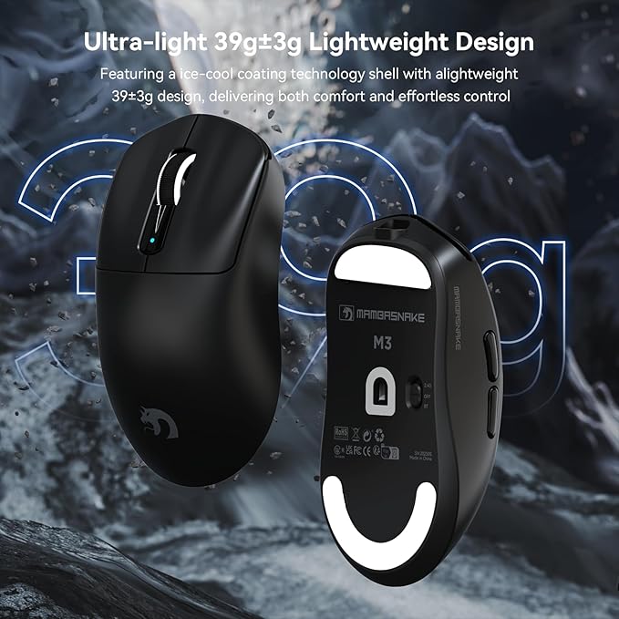 MAMBASNAKE M3 Wireless Gaming Mouse,39g Ultra-Lightweight BT/2.4GWireless/Wired Gaming Mouse,PAW3395PRO 40K DPI Optical Sensor,200Hrs Battery,Office Mice for PC/Win/Mac (Black)