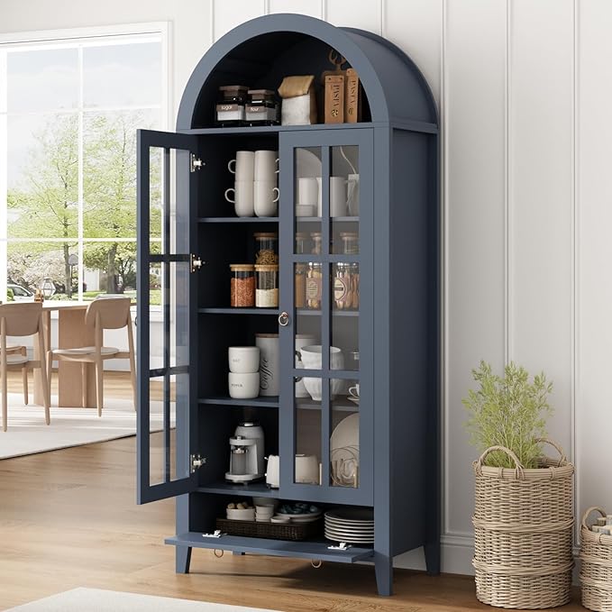 Tall Arched Cabinet, Modern Farmhouse Wooden Display Cabinet with Glass Doors, 70" 6 Tier Bookshelf w/Adjustable Shelves for Living Room, Office, Blue