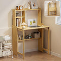 Bamboo Folding Desk for Small Spaces with Storage, Mid Century Foldable Desk with Bookshelf, Small Desks with Storage for Home Office Bedroom, Natural