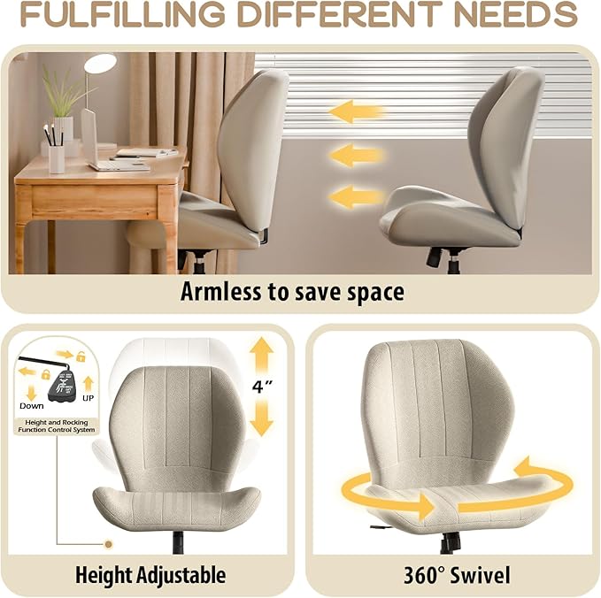 ZZW Criss Cross Chair with Wheels, Wide Cross Legged Office Chair Armless Comfy Desk Chair with Tall Back Vanity Chairs with Stress Relief Curved Design Seat for Bedroom & Office & Home Oatmeal