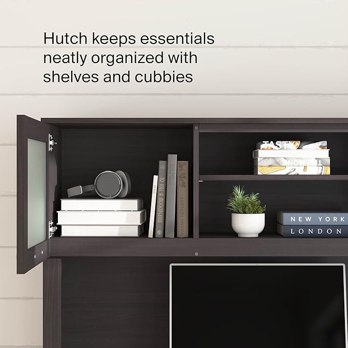 Bush Home 60-Inch Desk Hutch, Office Storage Organizer with Shelves, Cubbies and Frosted Glass Doors for Computer Desk, Home Office Furniture, Somerset Collection, Storm Gray