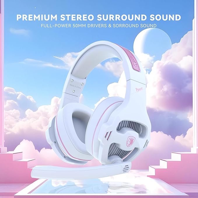 Pink Gaming Headset with Mic for PS5 PS4 Xbox Series X|S PC, Wired Gaming Headset with Noise Cancelling Microphone, Cute Gaming Headphones for Girls, Stereo PC Headset for Nintendo Switch