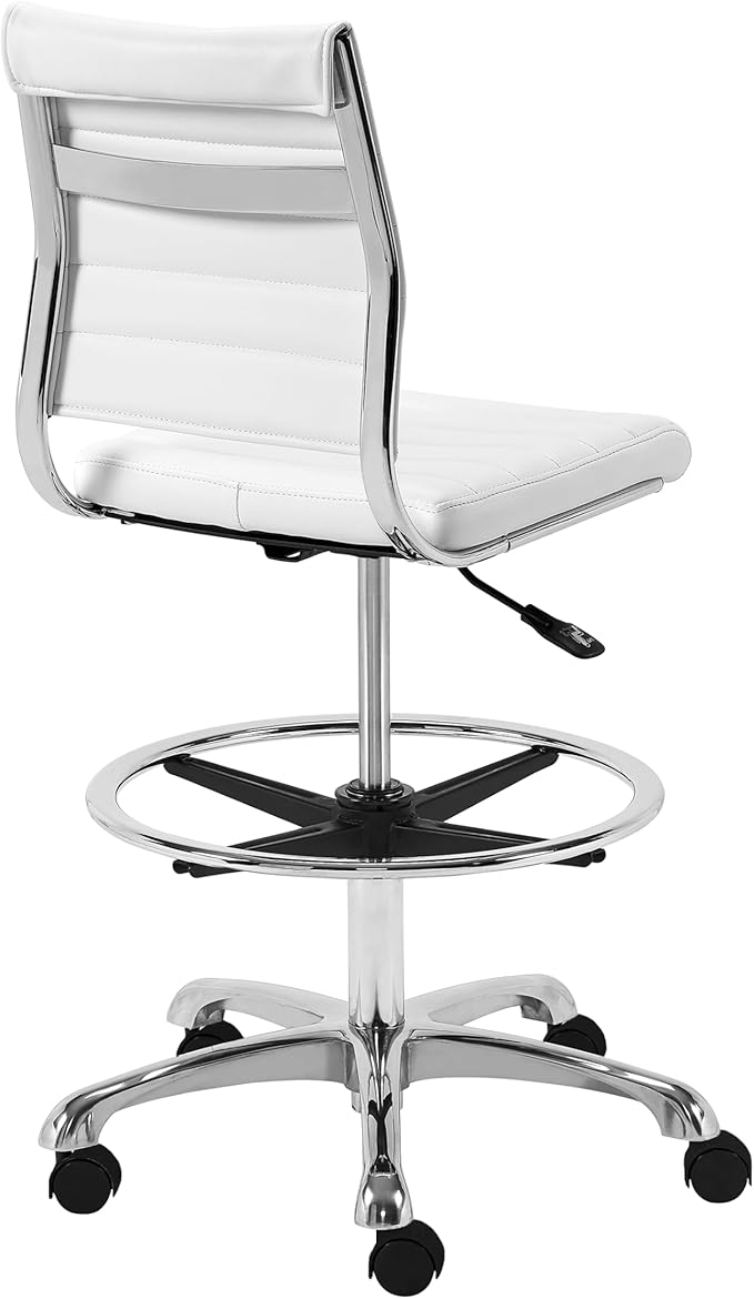 Euro Style Axel Adjustable Height Drafting Stool | Modern Ribbed Multi-Purpose Office Style | Leatherette Over Foam Seat and Back | 360° Swivel with Footrest | White with Aluminum Base