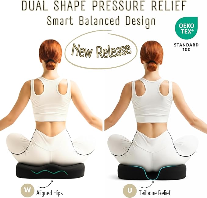 Seat Cushion For Tailbone Pain Relief – Ergonomic Gel Memory Foam Pad for Sciatica & Lower Back Support, Perfect for Office, Car, Truck, Gamer, Airplane, Wheelchair & Home, Bonus Pill Case Included