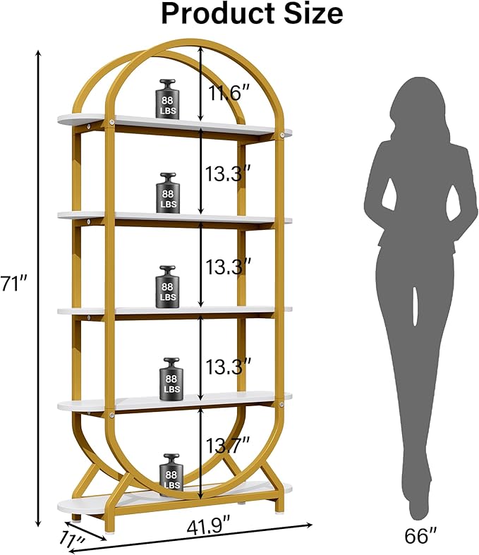 Jehiatek Arched Bookshelf Bookcase, 71 Inches Tall Industrial Book Shelf with Sturdy Metal Frame, E1 Quality Boards, Freestanding Display Shelving Unit, Gold