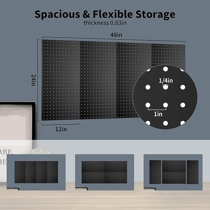 Garage Pegboard Organizer - 4-Pack 24" x 12" Black Heavy-Duty Metal Pegboard Panels, High-Capacity Wall Mount Peg Board for Tool Storage, Workshop, Kitchen, Garage & Office Organization