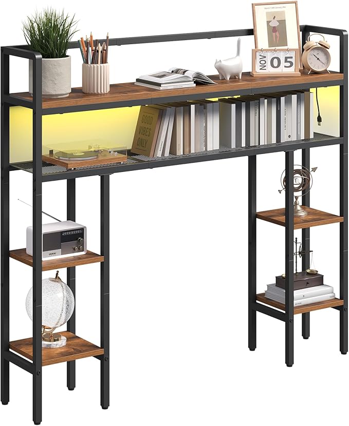 MAHANCRIS Desk Shelf, 43.3" Desk Hutch with Light Strip, Office Desktop Organizer, 5 Tier Desktop Bookshelf for Computer Monitor, Storage Rack for Study, Home Office, Rustic Brown DSHR9801