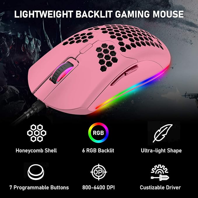Lightweight Gaming Mouse,26 kinds RGB Backlit Mice,PixArt 3325 12000 DPI Mouse,Ultralight Honeycomb Shell Ultraweave Cable Mouse and Anti-key Can Be Set for PC Gamers and Xbox and PS4 Users(Pink)