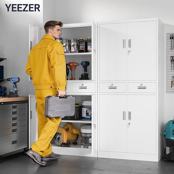 71" H Tall Metal Storage Cabinet with 2 Drawers, Metal Garage Storage Cabinet with Lock and 2 Adjustable Shelves for Home, Office, Garage, Warehouse Organize, White