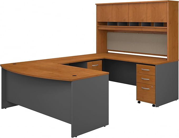 Bush Business Furniture 72W Bow Front U Shaped Desk with Hutch and Storage in Natural Cherry