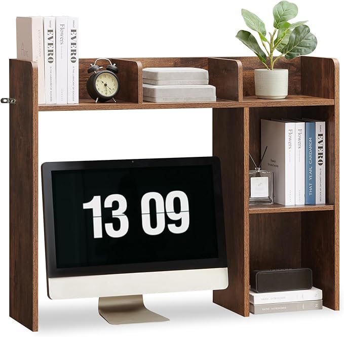 Nromant Desktop Bookshelf, Wooden Desk Storage Hutch with 5 Shelves, 3-Tier Desktop Display Organizer Rack for Office Home (Brown, 5 Shelves A)