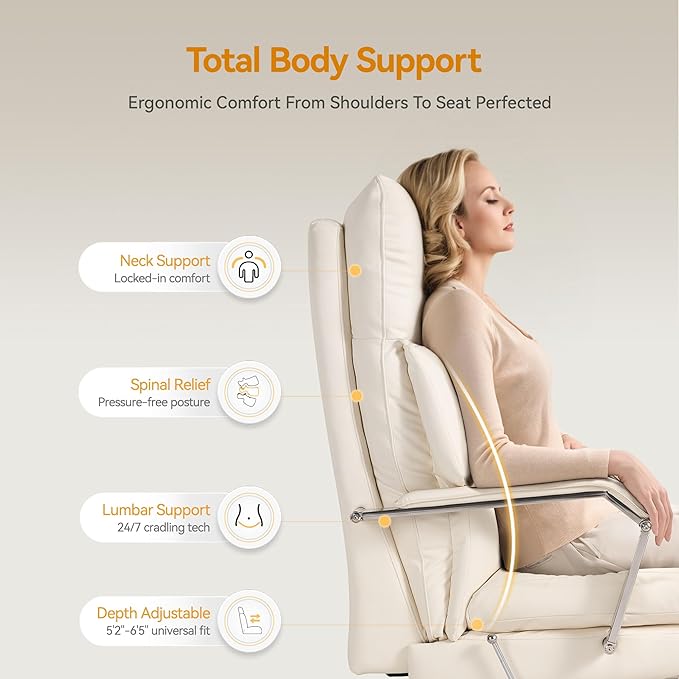 OKUP M76 160° Reclining Executive Office Chair with Footrest, Adjustable Seat Depth, 10" Thick Cloud Cushion Desk Chair, 420lb Heavy Duty High Back Leather Desk Chair for Home Office, Cream
