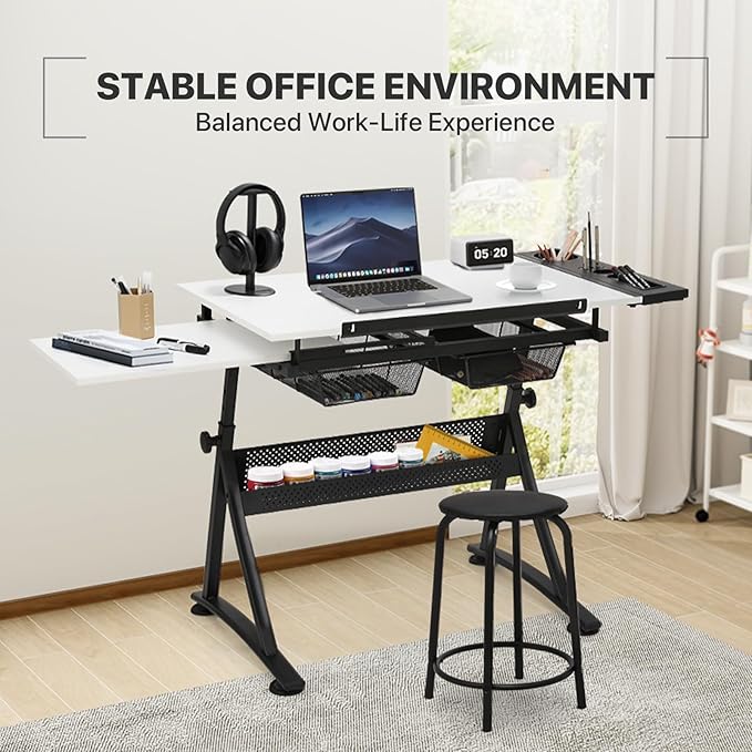 Athena Collection Drafting Table for Artists, Height Adjustable Drawing Table, Dual Desktop Art Desk Metal Frame Art Table Tiltable Craft Desk Paintings Work Station with Stool and Drawers, White