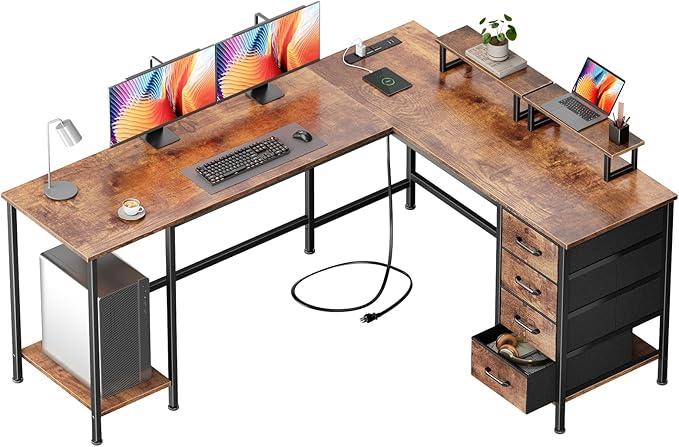 Korfile 66" L Shaped Computer Desk with Power Outlets, Home Office Desk with 4 Adjustable Storage Drawers & 2 Monitor Stands, Large Two Person Gaming Table for Writing Study, Rustic Brown