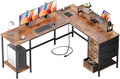 Korfile 66" L Shaped Computer Desk with Power Outlets, Home Office Desk with 4 Adjustable Storage Drawers & 2 Monitor Stands, Large Two Person Gaming Table for Writing Study, Rustic Brown