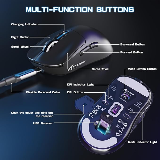 ATTACK SHARK X3MAX Wireless Gaming Mouse,PixArt PAW3950 Gaming Sensor,Up to 42K DPI,100 Million Micro,49g Lightweight Tri-Mode(BT5.2/2.4Ghz/Wired) Mice with Coiled Cable-Black