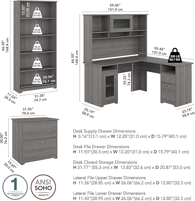 Bush Furniture L Shaped Desk with Hutch, 5 Shelf Bookcase and Lateral File Cabinet | Cabot Collection Corner Computer Table with Storage and Bookshelf | 60Wx23DX37W