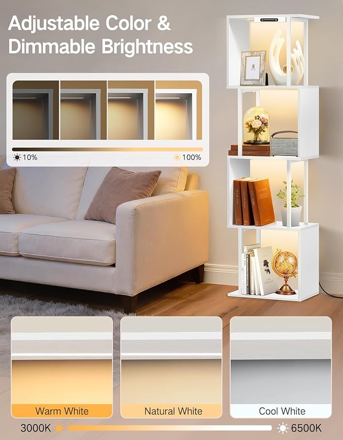 5 Tier S-Shaped Geometric Bookshelf with LED Light, 3 Color Temperatures, Touch & Remote Control, Dimmable Standing Bookcase, Small Display Shelf for Living Room, Bedroom, Office(White)