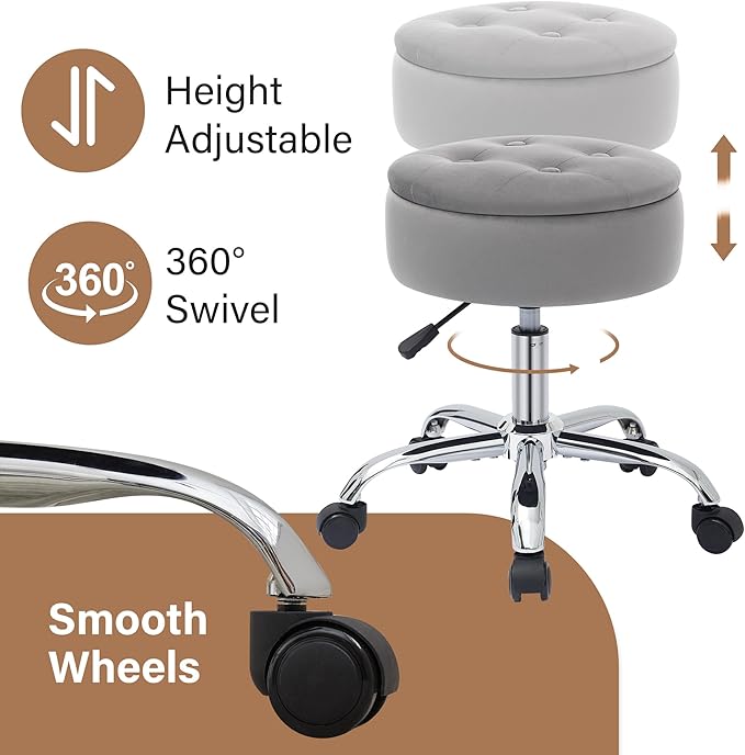Gitrah Vanity Chair with Wheels Adjustable Vanity Stool with Storage Swivel Vanity Stool for Vanity Rolling Makeup Chair Grey