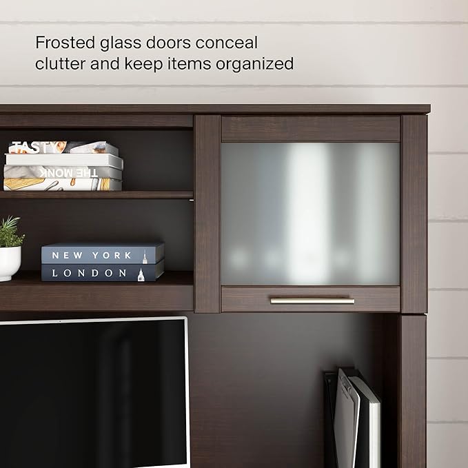 Bush Home 60-Inch Desk Hutch, Office Storage Organizer with Shelves, Cubbies and Frosted Glass Doors for Computer Desk, Home Office Furniture, Somerset Collection, Mocha Cherry