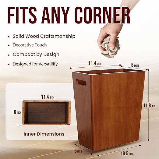Wooden Trash Can, Decorative Wood Bathroom Wastebasket, 3 Gallon Small Garbage Can for Bedroom, Office, and Room
