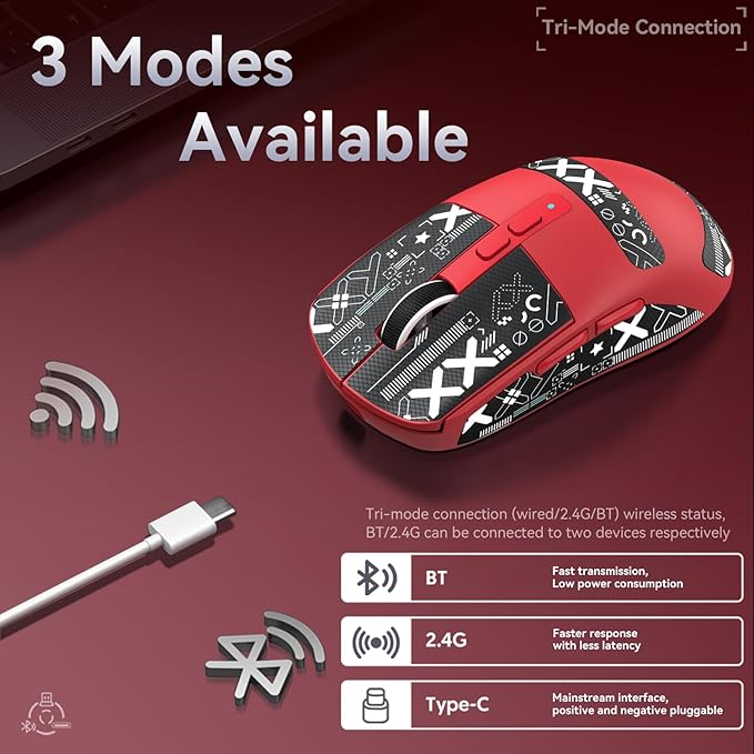 ATTACK SHARK X6 Lightweight Wireless Gaming Mouse with RGB Backlight Charging Base,Tri-Mode Wired/2.4GHz/BT5.2,26K DPI, PAW3395 Optical Sensor,HUANO Switch,5programmable Buttons,PC/Mac(Red+Sticker)