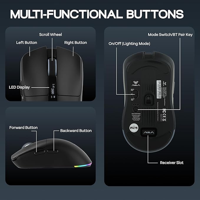 MechLands Aula SC590 PRO Gaming Mouse with Display Screen, 2.4G/USB-C/BT Wireless Mouse with 500mAh Battery, Adjustable 20,000 DPI & 1000 Polling Rate, PAW3311 Sensor, for Win/Mac/Gaming (Black)