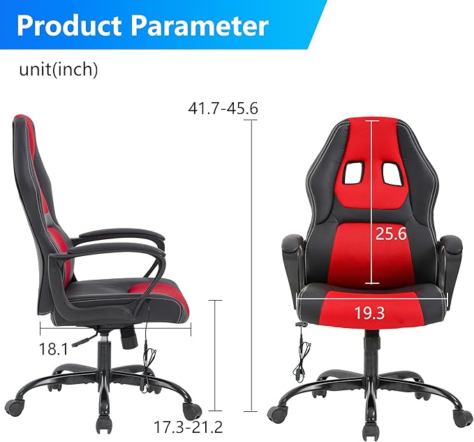 PayLessHere Gaming Chair Office Chair with Support Adjustable Ergonomic Pu Leather Racing Lumbar Massage Headrest Armrest Task 360° Swivel Computer Chair for Women Men Adults，Red