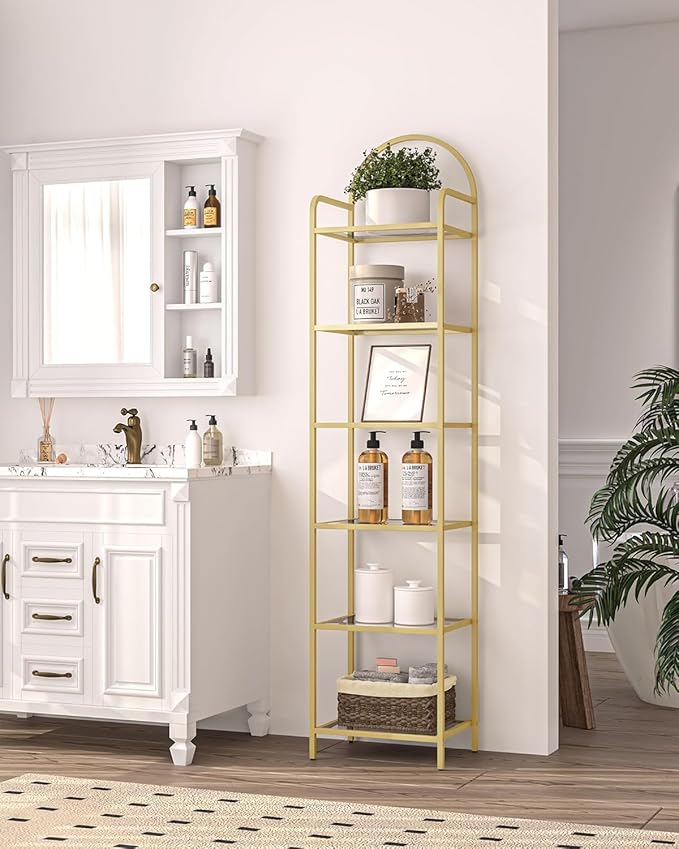 Hzuaneri Bookcase Bookshelf, Tempered Glass Bookshelves, Slim Shelving Unit for Bedroom, Bathroom, Home Office, Steel Frame, 6 Tier Gold BC10601G