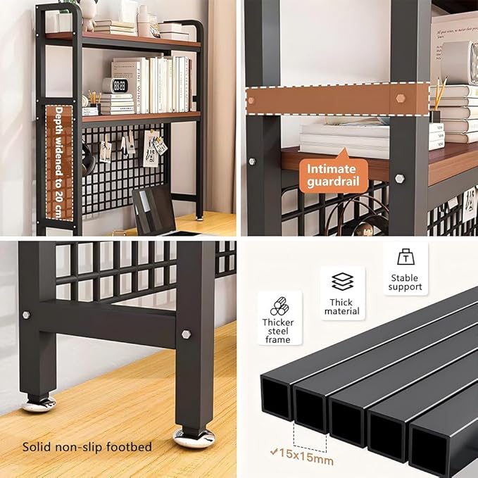 Desktop Hutch Bookshelf, 2-Tier Metal Desk Shelf with Grid Panel, Wooden Desktop Display Rack for Computer Monitor, Countertop Storage Organizer for Office Home Dorm (115cm Black)