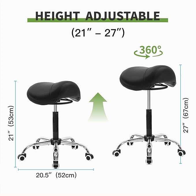 Saddle Salon Stool with Wheels,Heavy Duty Adjustable Rolling Stool for Barber, Tattoo, Nail,Spa，Dentist(Black)