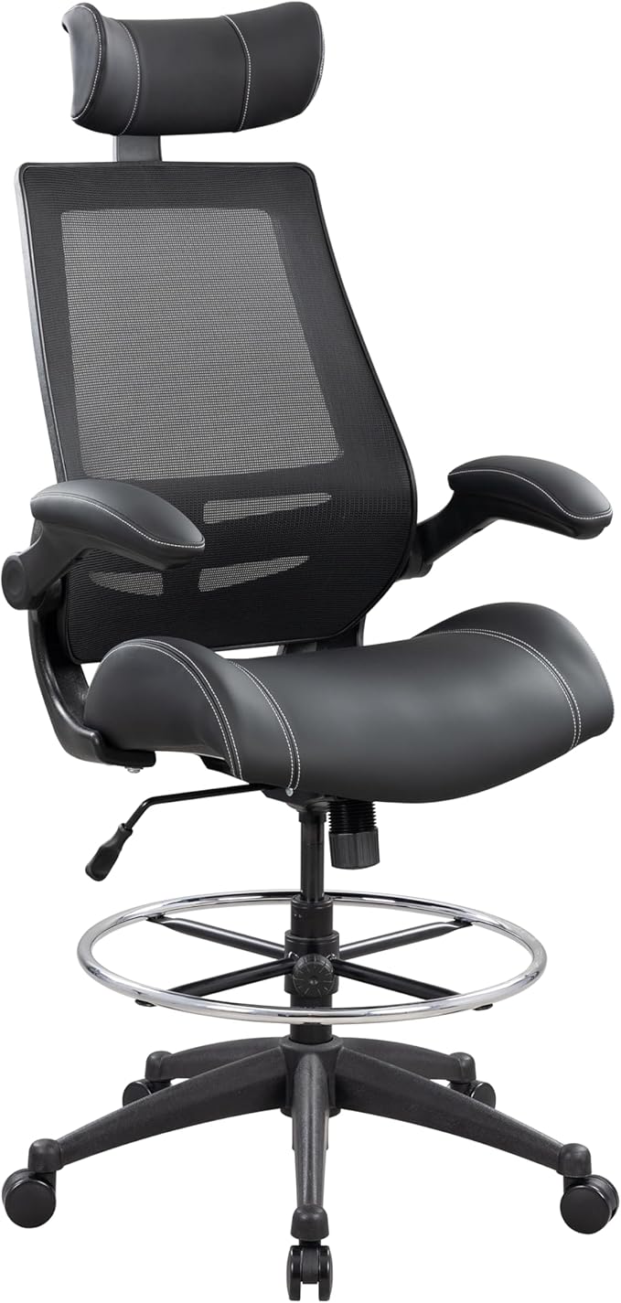 BOLISS Ergonomic Drafting Chair with 4-Level Adjustable Headrest Tall Standing Desk Stool with Soft Microfiber Leather Seat, Breathable Mesh Back, 90° Flip-Up Arms, and Adjustable Foot Ring
