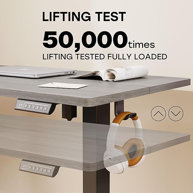 Grey Electric Standing Desk, 48 X 24 Inch Adjustable Height Table, Sit Stand Desk with 2 Hooks, Ergonomic Rising Workstation with Splice Board
