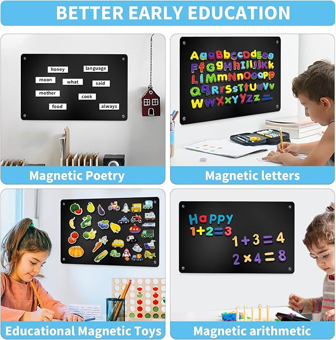 17.7" x 11.8" 2 Pack Black Metal Magnetic Board - Magnet Bulletin Board to Display Magnetic Letters Numbers Animal, Poetry, Spice Jars, Notes, Photos, Suitable for Wall, Refrigerator, Cubicle