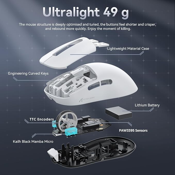 MAMBASNAKE Attack Shark X3 Wireless Gaming Mouse, 49g Ultralight, PixArt PAW3395 26000 DPI, Bluetooth/2.4Ghz /Wired Tri-Mode, 200Hrs Rechargeable Battery, Kailh GM8.0 Switch for PC/MAC/Win - White