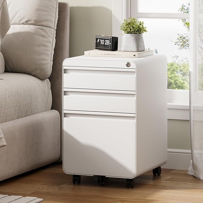 Dripex 3 Drawer White File Cabinet, Mobile Under Desk Storage File Cabinet with Lock on Wheels, Letter/Legal Size,Fully Assembled, Small Short Vertical Metal Rolling Filing Cabinets for Home Office