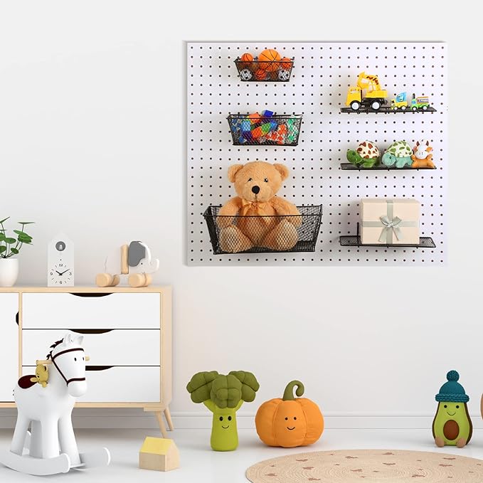 Sieral 6 Pieces Pegboard Baskets Wall Mount Wire Peg Board Baskets 3 Sizes Pegboard Accessories Slatwall Bins Basket Home Garage Hanging Organizer for Tools and Craft(Black)