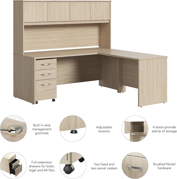 Bush Business Furniture Studio C 72W x 30D L Shaped Desk with Hutch and Mobile File Cabinet in Natural Elm, L Workstation Set for Home or Professional Office