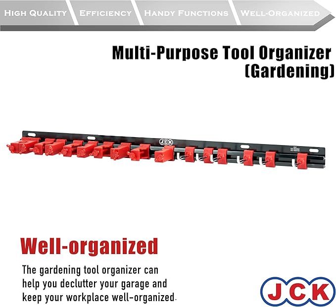 JCK Professional Multi-Purpose Gardening Tool Organizer, Adjustable Red Clips Black Aluminum Rack, Garden Tool Organizer Wall Mount Garage Organizers and Storage with Hooks Tool Hangers for Shed