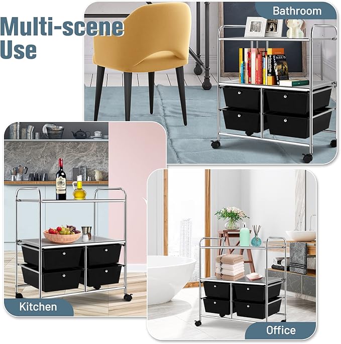 Moccha Rolling Storage Cart with 4 Drawers - Storage Drawers Organizer with wheels for Craft Art Supply Paper Salon, Scrapbook Paper Tools, Movable Utility Cart for Classroom School Studio, Black