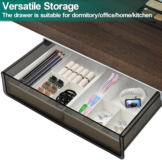 SVNNELP Large Under Desk Table Drawer Storage Organizer, Slide Out Drawer with 2 Desk Divider,Pencil Storage Self-Adhesive Tray Under Table (L/Clear Black+White)