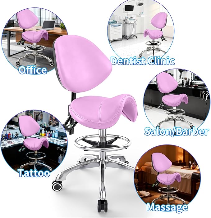 Saddle Chair with Back Support - Tilted Backrest, Adjustable Foot Rest, 350 LBS Capacity Ergonomic, 360° Swivel Drafting Chair for Salon, Spa, Massage, Tattoo, Facial lash, Home,（Macaron Purple）