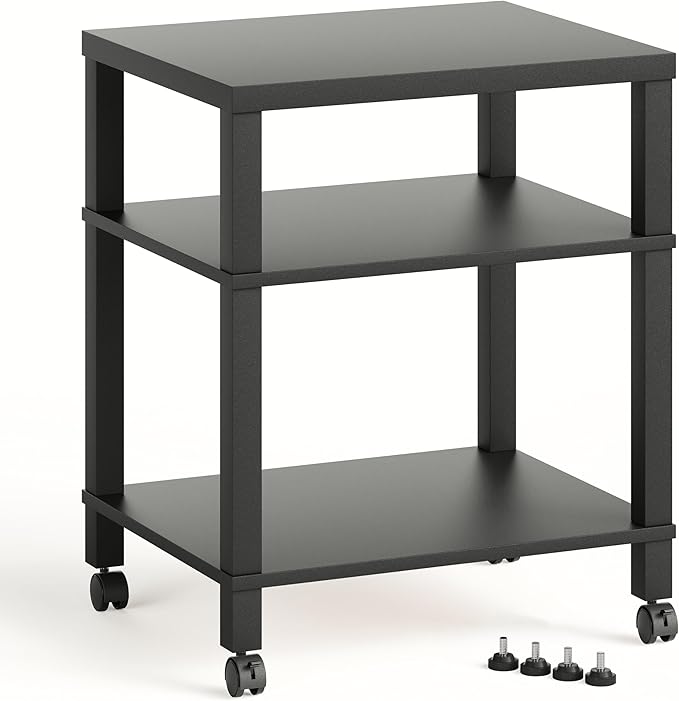 3-Tier Printer Stand with Wheels, Large Under Desk Rolling Cart for Office Storage, Heavy Duty Machine Stand with Adjustable Shelf, 22.04"x17.71"x26.54", Black