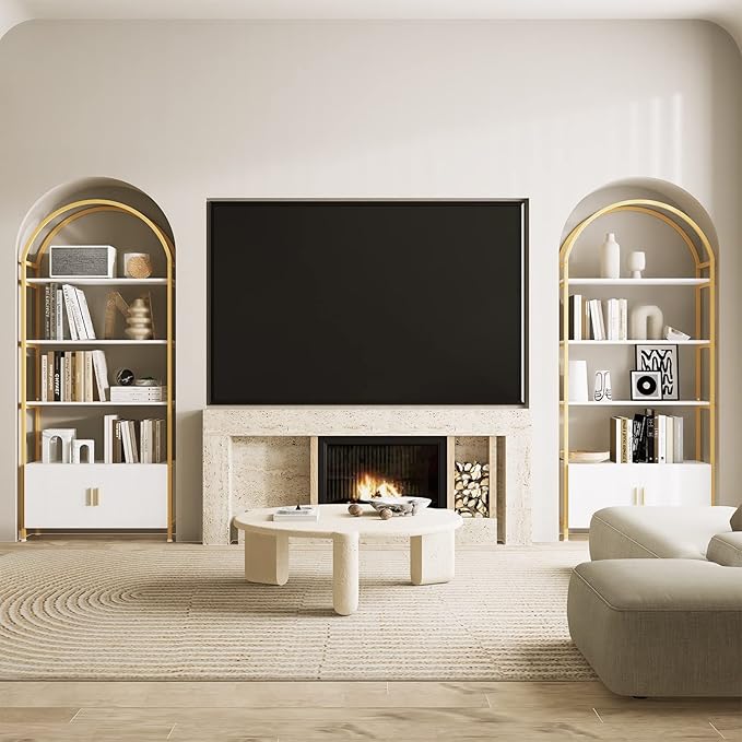 Jehiatek Gold Bookshelf, Arched Bookcase with Doors Storage, 71" Tall Industrial Book Shelf with Sturdy Metal Frame, E1 Quality Boards, Freestanding Display Shelving Unit, White and Gold
