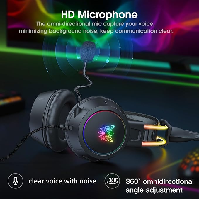 Lightweight Gaming Headset with Detachable Deer Ear, RGB Lighting, Wired Over Ear Headphones with Mic for PC, PS4, PS5, Switch, Stereo Surround Sound, Self-Adjusting Headband
