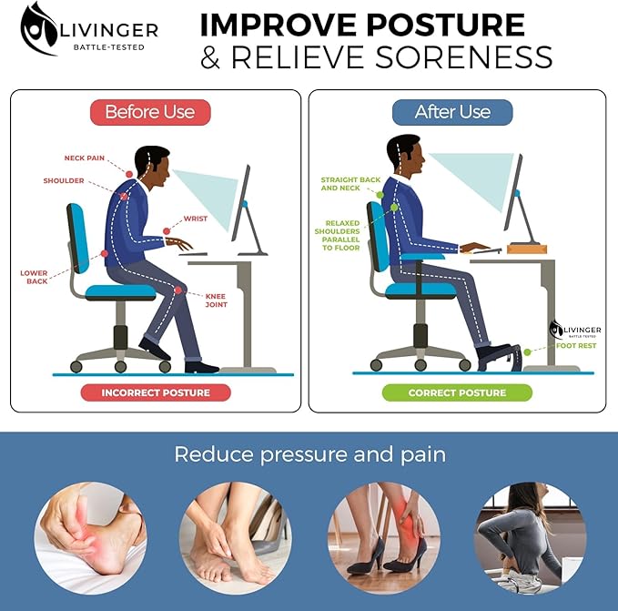 Livinger Foot Stool – Adjustable Foot Rest with 6 Height Settings – Under-Desk Support with Non-Slip Legs – Ergonomic Foot Roller – Sturdy Design for Office or Home